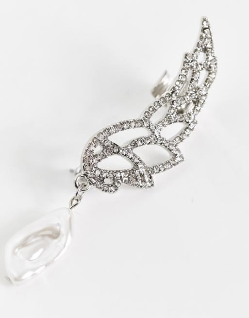 ASOS DESIGN ear cuff with crystal and faux pearl in silver tone, 2 of 4