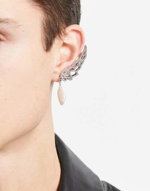 ASOS DESIGN ear cuff with crystal and faux pearl in silver tone, 4 of 4