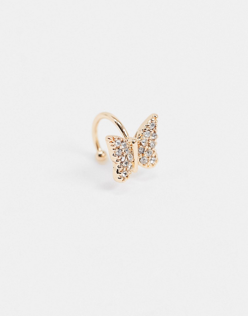 Asos Design Ear Cuff With Crystal Butterfly In Gold Tone