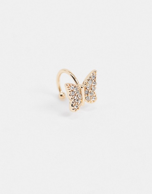 ASOS DESIGN ear cuff with crystal butterfly in gold tone