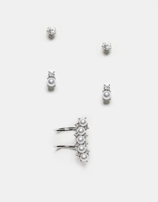 ASOS DESIGN - Ear Party - Confezione da 3 orecchini dorati con cristalli e perle