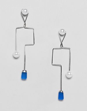 ASOS DESIGN earrings in abstract wire shape with pearl and resin beads in silver
