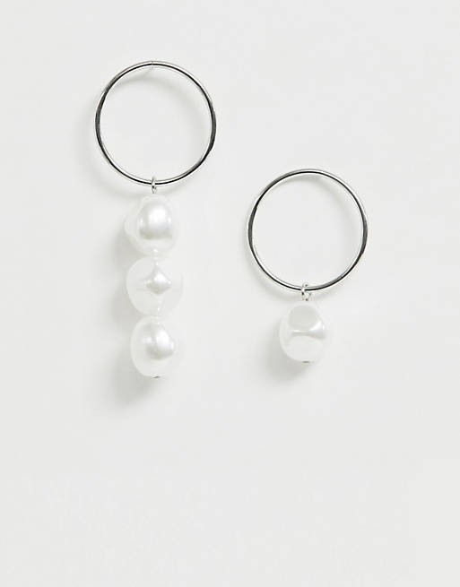 ASOS DESIGN earrings in asymmetric drop design with faux freshwater pearls in silver