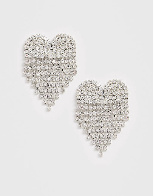 ASOS DESIGN earrings in crystal fringe heart design in silver tone | ASOS