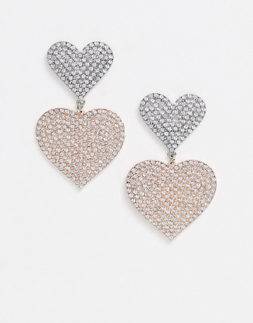 ASOS DESIGN earrings in double crystal heart drop in rose gold and silver tone