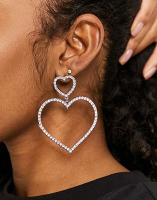 ASOS DESIGN earrings in drop crystal heart design in silver tone