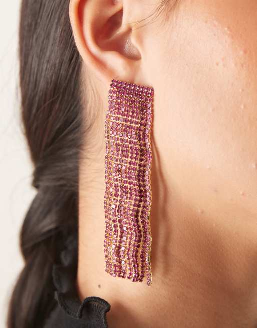 ASOS DESIGN earrings in gold tone with pink sparkly diamante, 2 of 3