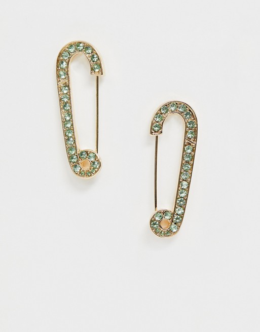 ASOS DESIGN earrings in green crystal safety pin design in gold tone