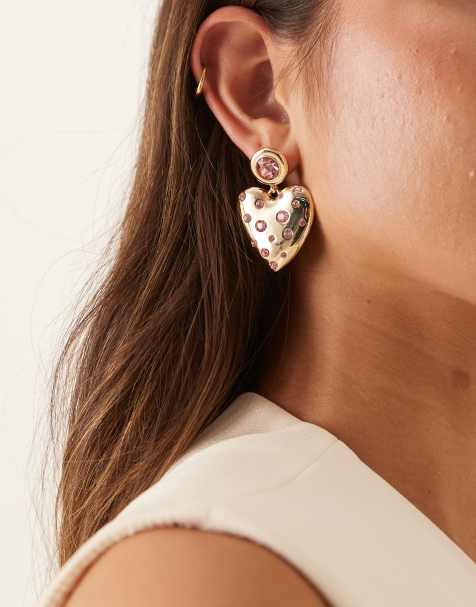 ASOS DESIGN earrings in heart design with pink crystal embellishment in gold tone - view 1