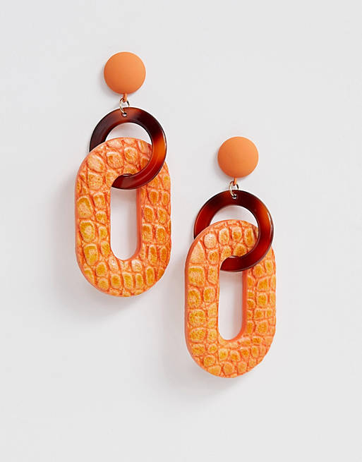 ASOS DESIGN earrings in linked open shape resin and faux leather in orange