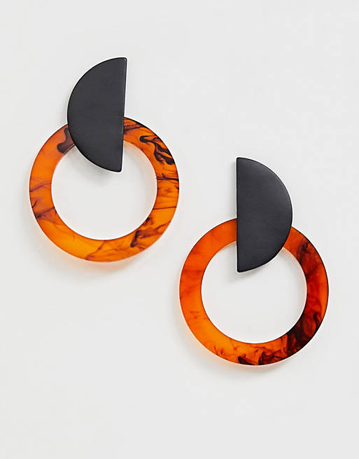 ASOS DESIGN earrings in matte black and tortoiseshell resin