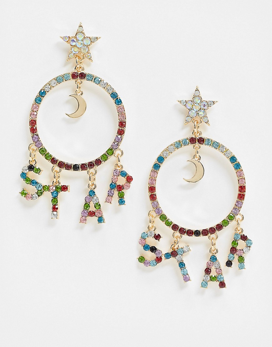 ASOS DESIGN earrings in rainbow crystal star charm design in gold tone
