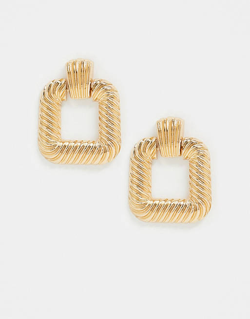 ASOS DESIGN earrings in ribbed open square in gold tone
