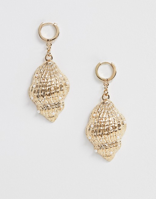 ASOS DESIGN earrings in shell design with pearl detail in gold tone