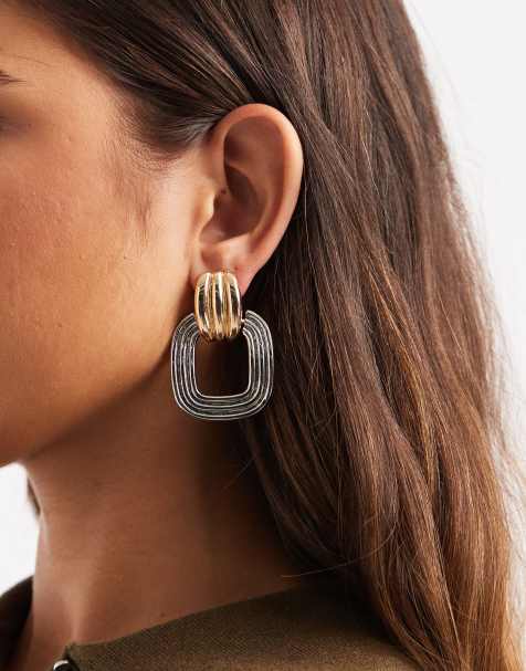 ASOS DESIGN earrings in silver tone with hoop detail in silver and gold tone - view 1