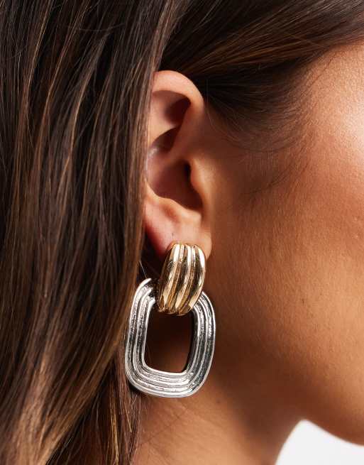 ASOS DESIGN earrings in silver tone with hoop detail in silver and gold tone, 3 of 3