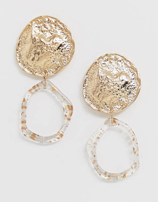 ASOS DESIGN earrings with abstract molten disc and trapped gold resin in gold tone