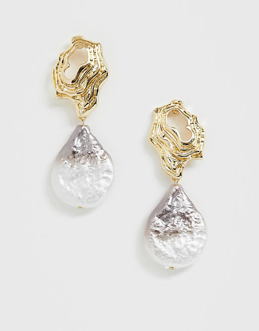 ASOS DESIGN earrings with abstract stud and iridescent pearl drop in gold tone