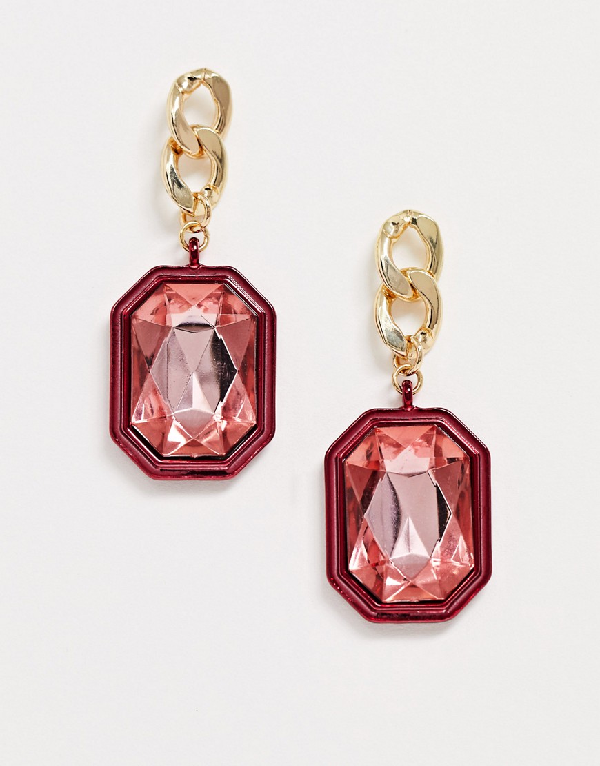 ASOS DESIGN earrings with chain drop and pink jewel in gold tone