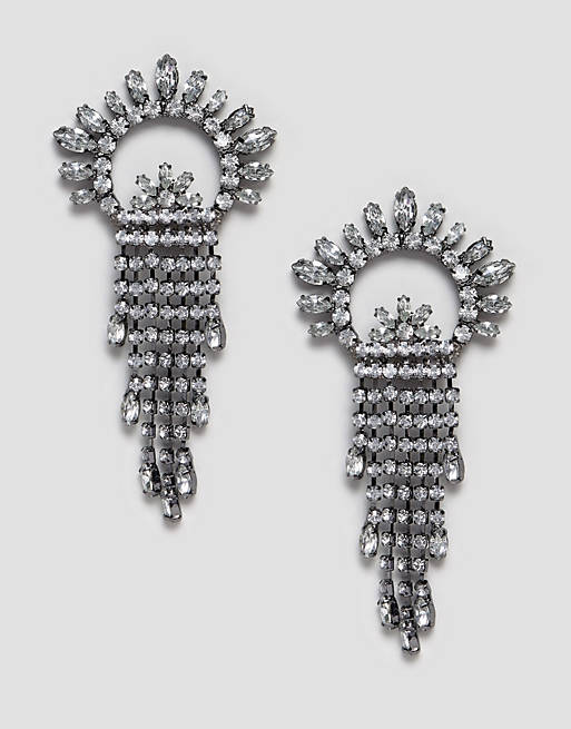 ASOS DESIGN earrings with crystal fan and strand design in gunmetal