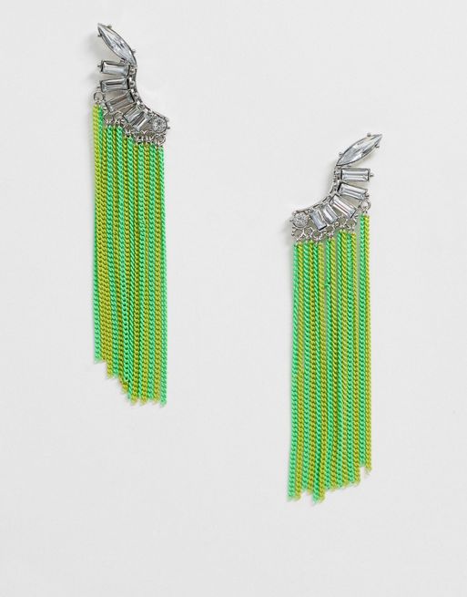 ASOS DESIGN earrings with crystal fan stud and color pop chain strands ...