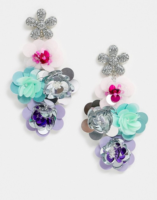 ASOS DESIGN earrings with crystal floral stud and sequin floral drops
