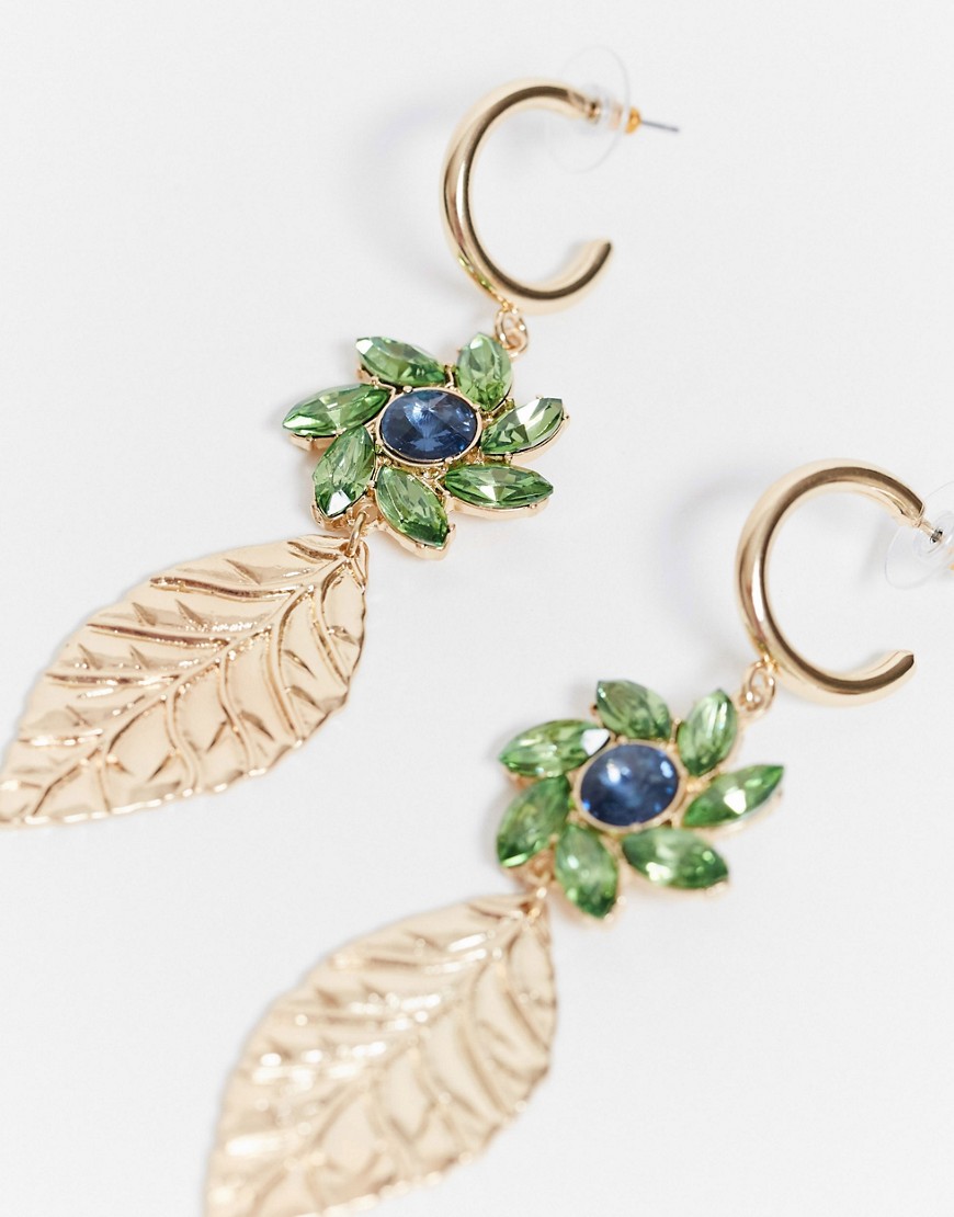 Asos Design Earrings With Crystal Flower And Leaf Drop In Gold Tone
