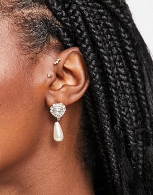ASOS DESIGN earrings with crystal heart and faux pearl drop in silver tone