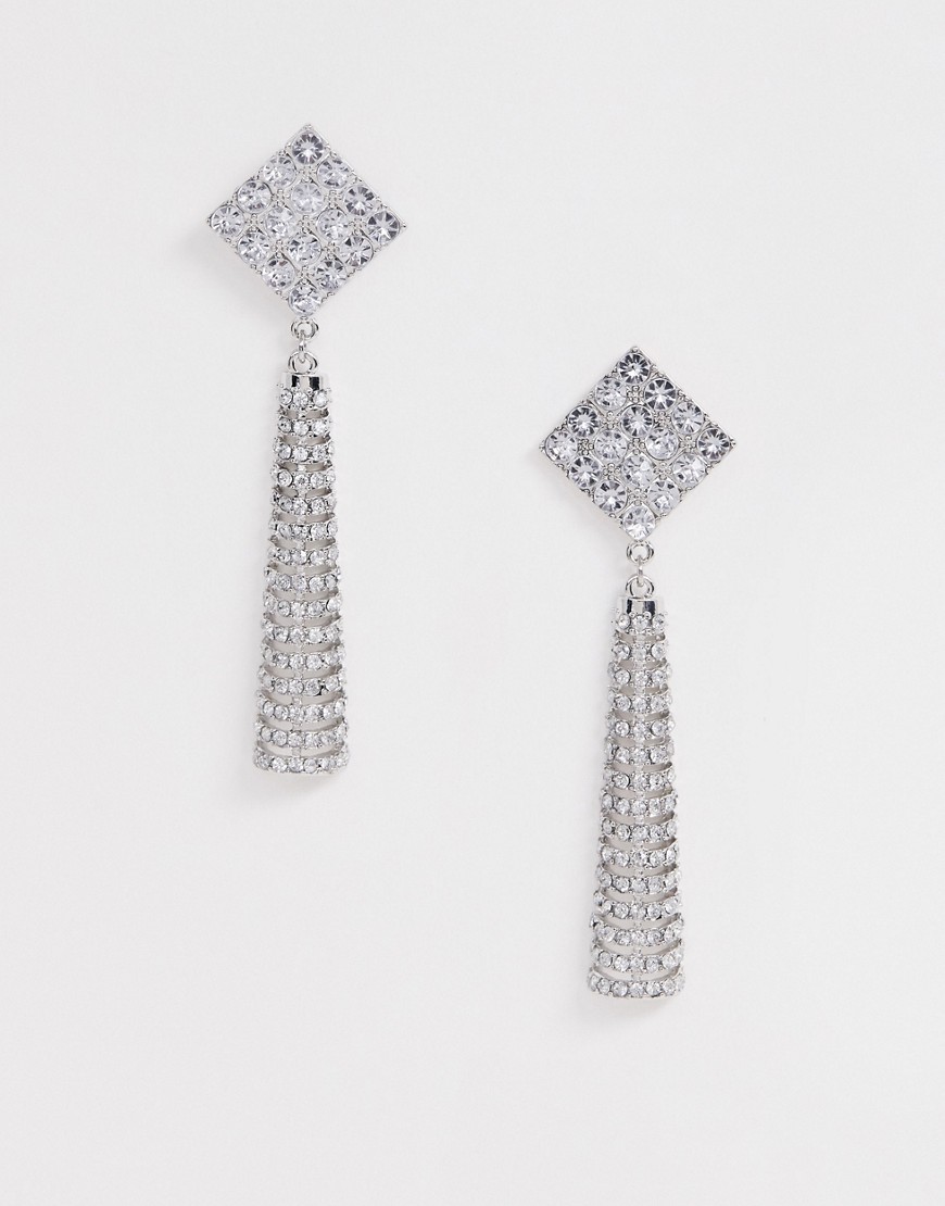 ASOS DESIGN earrings with crystal stud and bar drop in silver tone