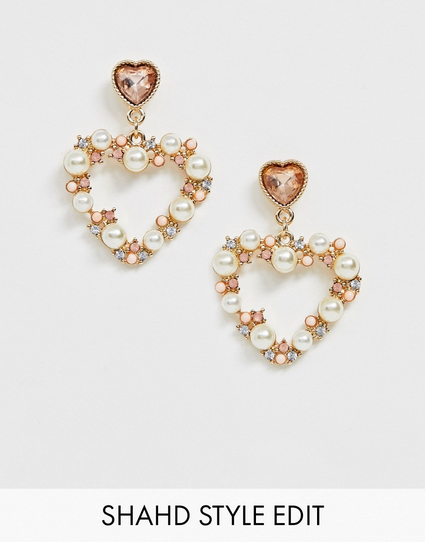 ASOS DESIGN earrings with crystal stud and pearl heart drop in gold tone