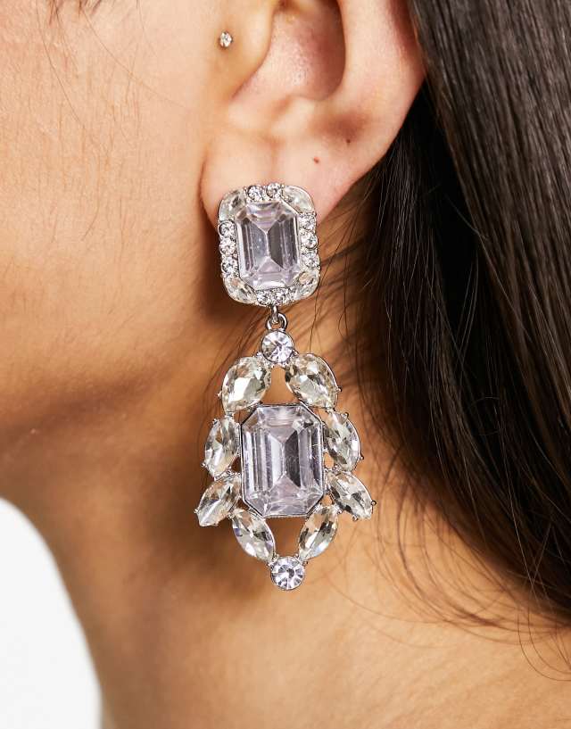 ASOS DESIGN earrings with double drop crystal in silver tone