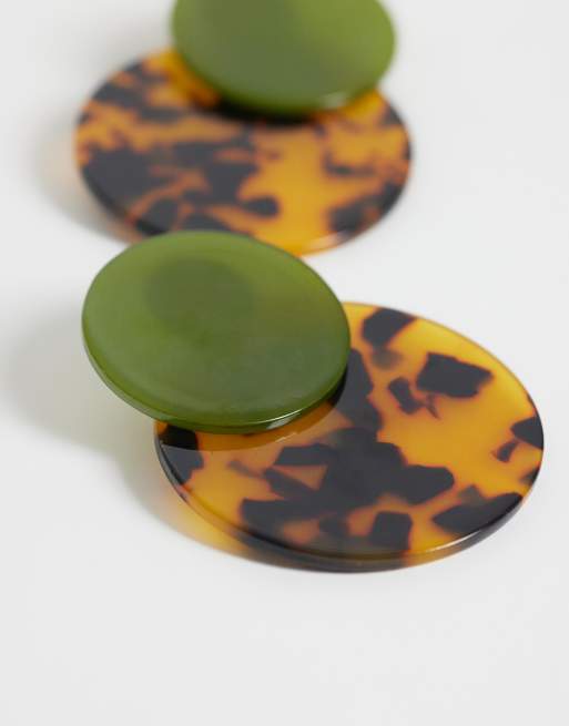ASOS DESIGN earrings with double drop faux-shell discs in green and tort resin, 4 of 5