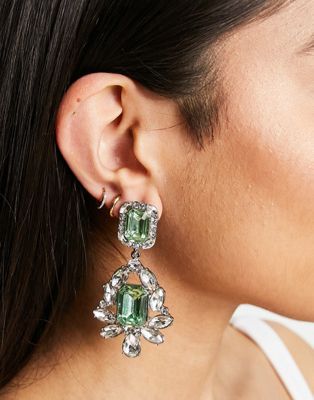ASOS DESIGN earrings with double drop green crystal in silver tone