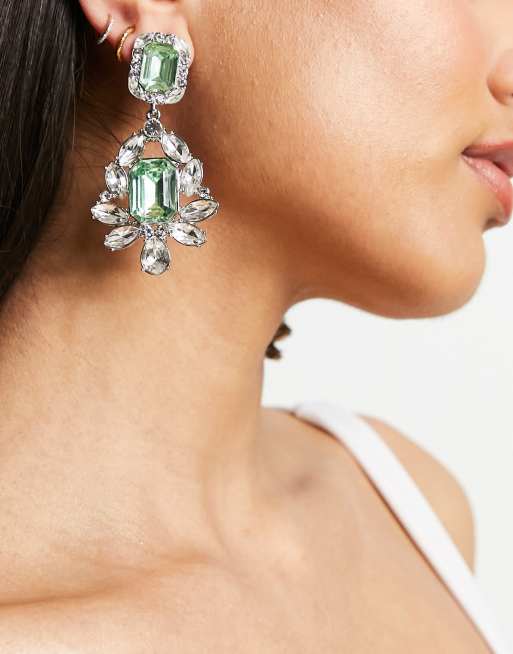 ASOS DESIGN earrings with double drop green crystal in silver tone