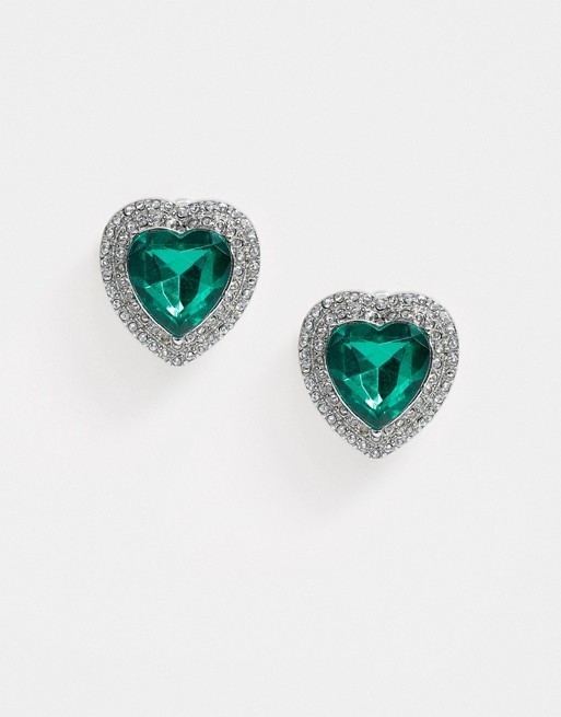 ASOS DESIGN earrings with emerald green jewel heart in silver tone
