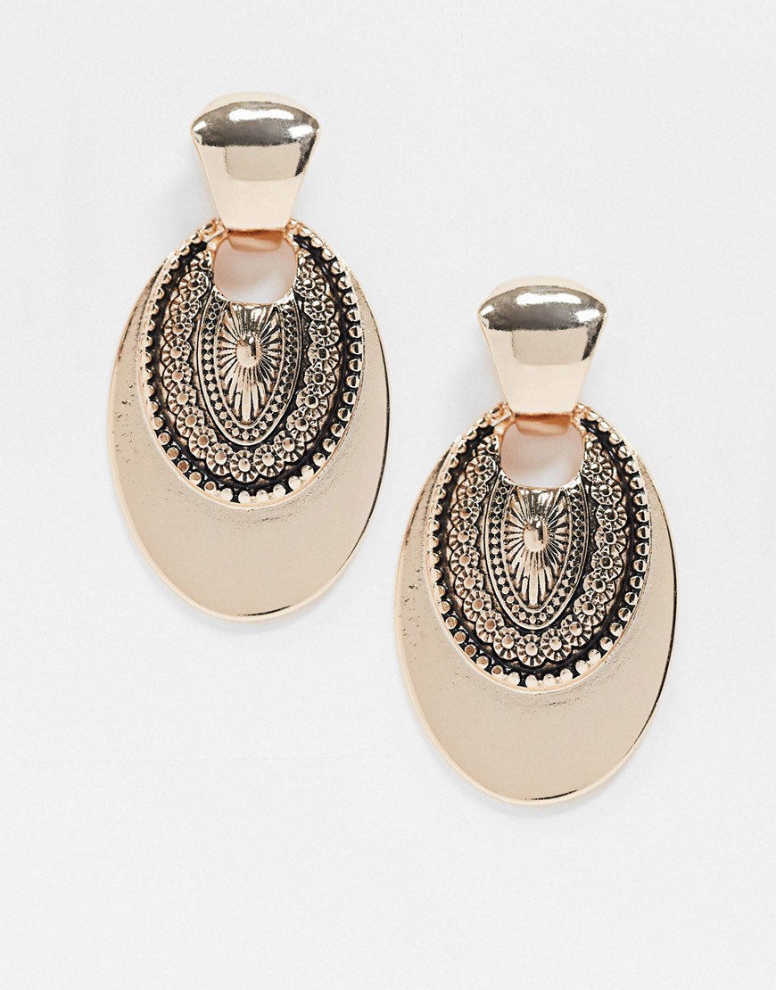 Asos Design Earrings With Engraved Oval Doorknocker Drop In Gold Tone
