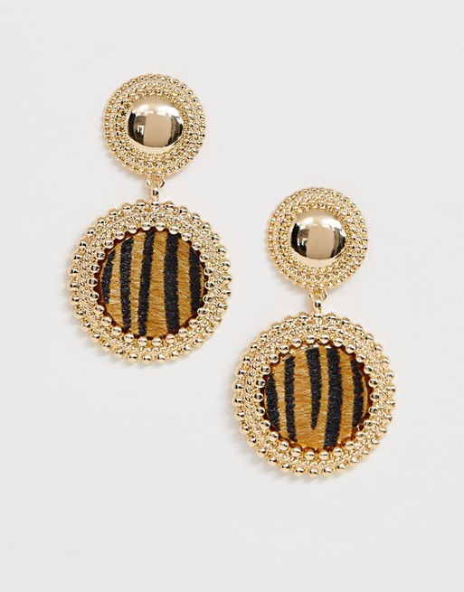 ASOS DESIGN earrings with engraved stud and tiger skin drop in gold tone