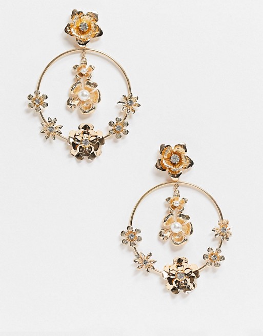 ASOS DESIGN earrings with floral embellished open circle drop in gold tone