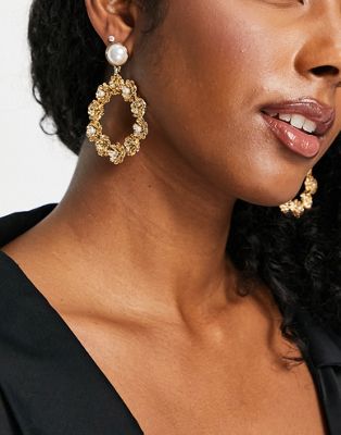 ASOS DESIGN earrings with flower and pearl drop design in gold tone | ASOS