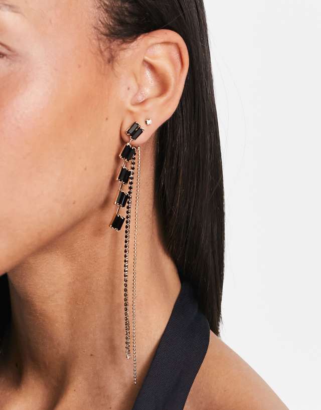 ASOS DESIGN earrings with front and back graduated black crystal drop in gold tone