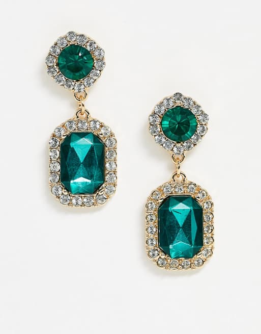 ASOS DESIGN earrings with green double jewel drop in gold tone | ASOS