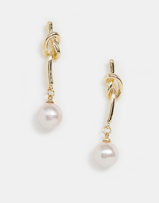 ASOS DESIGN earrings with knot bar and pearl drop in gold tone