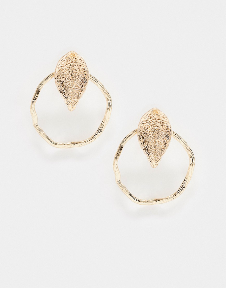 ASOS DESIGN earrings with leaf and open circle in gold tone