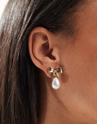 earrings with mini bow and faux pearl drop design in gold tone