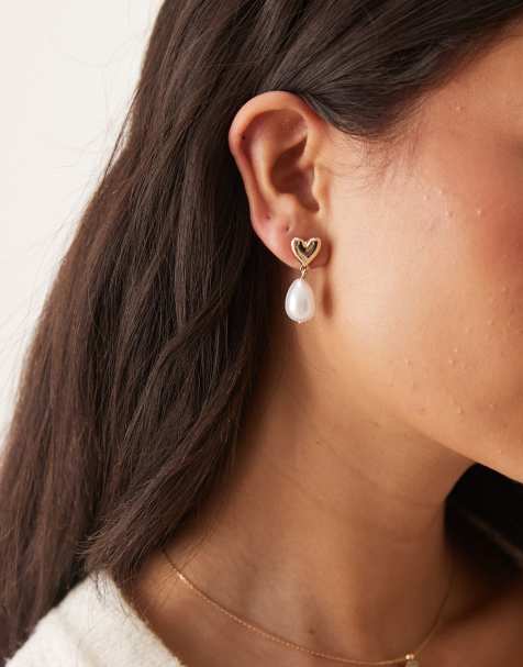 ASOS DESIGN earrings with mini heart and faux pearl drop design on gold tone - view 1