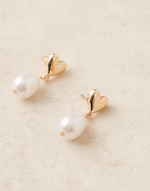 ASOS DESIGN earrings with mini heart and faux pearl drop design on gold tone, 2 of 3