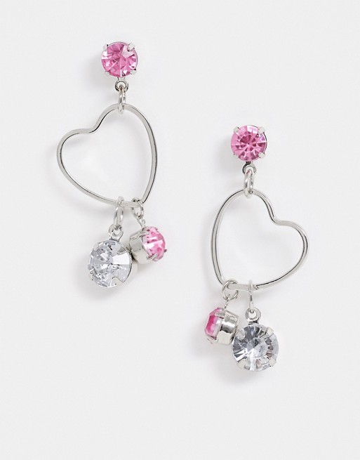 ASOS DESIGN earrings with open heart and crystal charms in silver tone