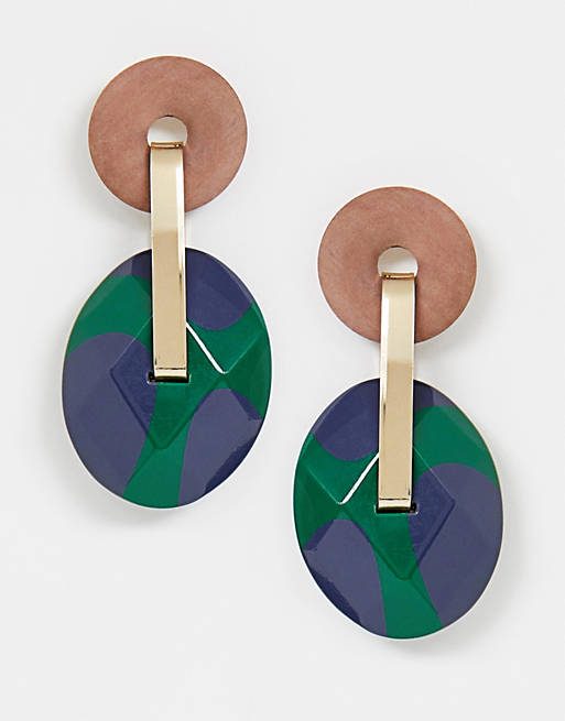 ASOS DESIGN earrings with open wooden circle and resin drop in gold