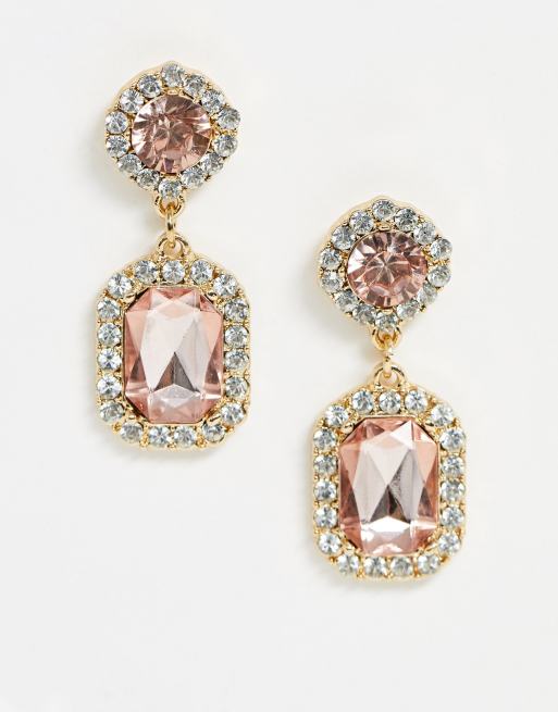 ASOS DESIGN earrings with peach pink double jewel drop in gold tone