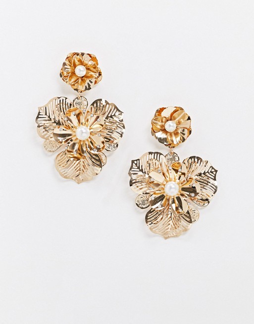 ASOS DESIGN earrings with pearl embellished floral drop in gold tone